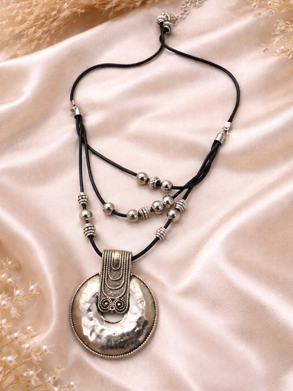 Boho Layered Necklace Silver Tone Pendant Multi Strand Adjustable
